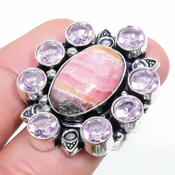 New Oversized Rhodochrosite & Kunzite 925 Silver Statement Ring. - Picture 2 of 14